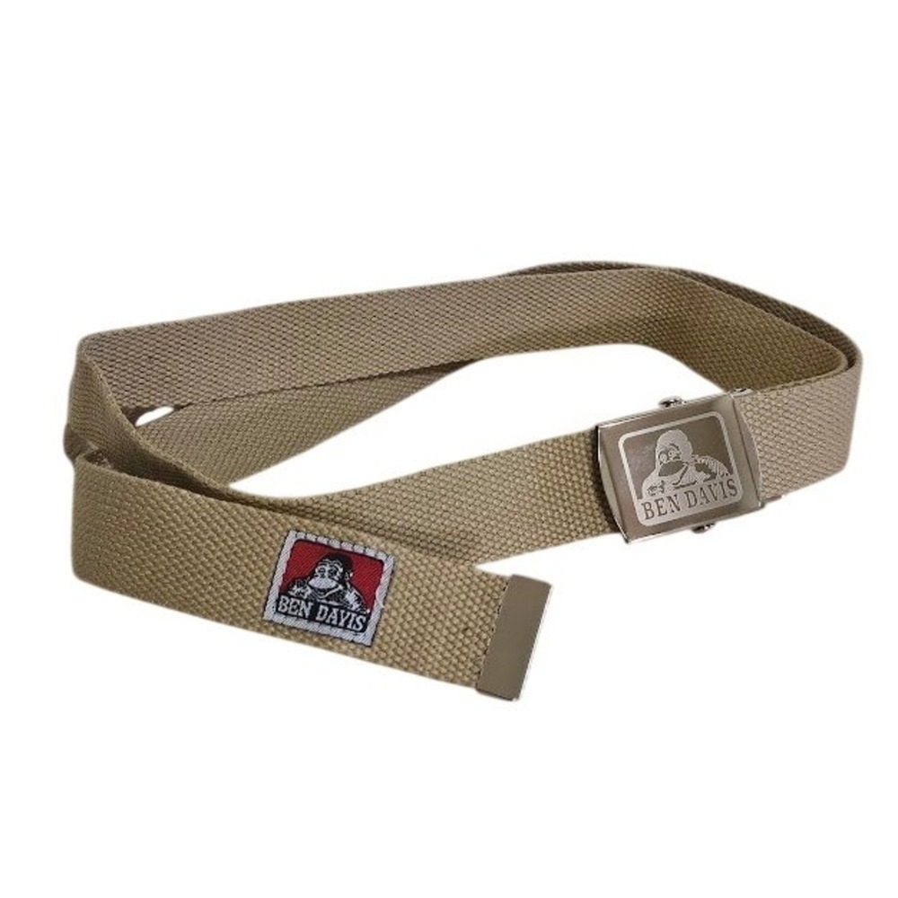 Ben Davis Men Khaki Canvas Belt Silver Flip Top Buckle Gorilla Logo Tan Y2K Punk